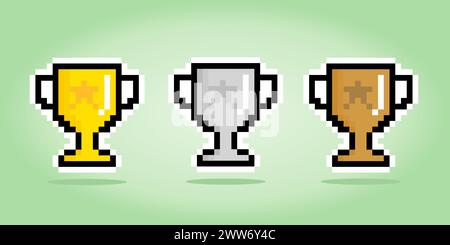 8 bits pixel trophy. cup pixel in Vector illustration for game assets and cross stitch patterns. Stock Vector