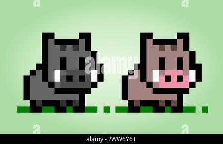 8 bit pixel the wild boar. Animals pixel in vector illustration for game asset or cross stitch pattern Stock Vector