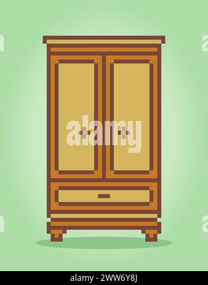 8 bit pixel wood clothes in vector illustrations for game assets. wardrobe pixel art. Stock Vector