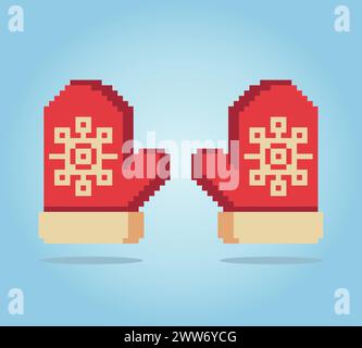 8 bit pixel winter gloves in Vector Illustrations for Game Assets or Cross Stitch Patterns Stock Vector