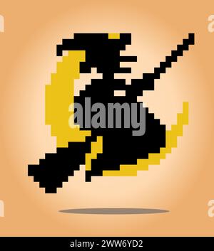 8 bit pixel the witch flying with a broom, in vector illustration for game asset or cross stitch pattern Stock Vector