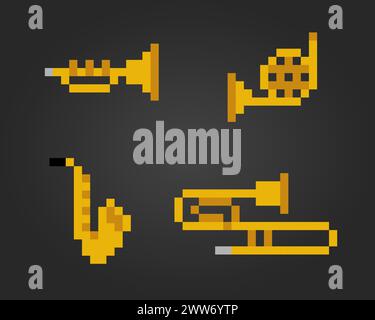 8 bit Pixel trumpet. musical instrument pixels in Vector illustration for game asset or cross stitch pattern. Stock Vector