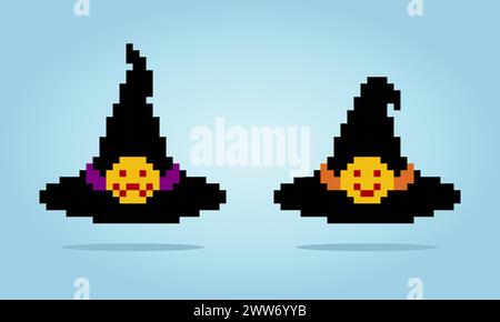 8 bit pixel the witch hat, in vector illustration for game asset or cross stitch pattern Stock Vector