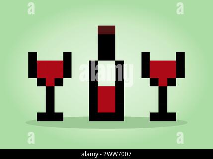 8 bit pixel of wine. Drink pixels in Vector Illustrations for Game Assets or Cross Stitch Patterns Stock Vector