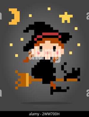 8 bit pixel the witch flying with a broom, and a black cat with her in vector illustration for game asset or cross stitch pattern Stock Vector