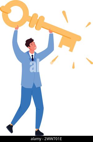 Man hold big golden key. Real estate ownership isolated on white background Stock Vector