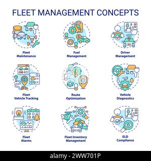 Fleet management multi color concept icons Stock Vector