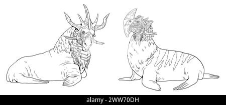 Coloring page with the animals mutants. Coloring book with fantasy creatures. Stock Photo