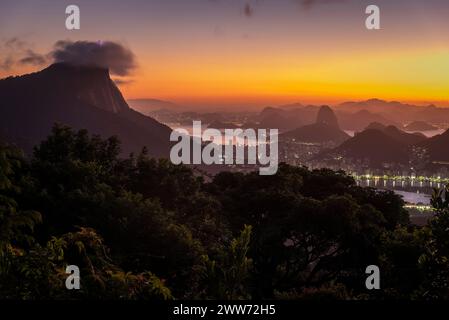 Beautiful view from Vista Chinesa to rainforest, city and mountains, Tijuca Park, Rio de Janeiro, Brazil Stock Photo