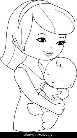 Mother holding her baby. Mommy holding her newborn infant in a hug. Vector black and white coloring page. Stock Vector