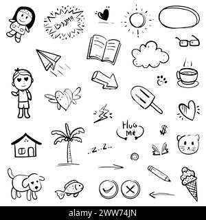 Hand drawn abstract thin line doodle set, in Vector illustration Stock Vector