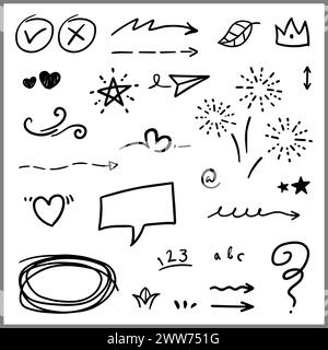 Doodle abstract of Swash Black Thin Line Set Include of Heart, Stroke, Circle and Arrow Sign in Vector illustration Stock Vector
