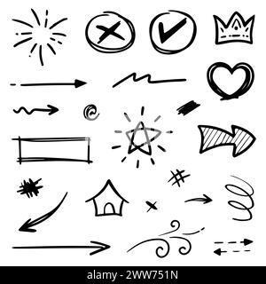 Doodle abstract of Swash Black Thin Line Set Include of Heart, Stroke, Circle and Arrow Sign in Vector illustration Stock Vector