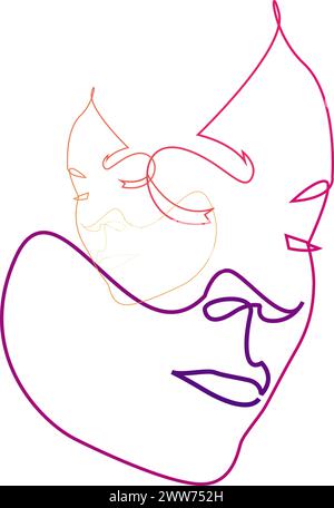 One line drawing of two faces - one inside the other. Abstract art vector illustration Stock Vector