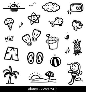 Hand drawn summer theme. Thin black line abstract doodle beach vacation tools in multiple collection in vector illustration Stock Vector