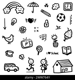 hand drawn Doodle abstract of Black Thin Line Set Include of objects and nature in Vector illustration Stock Vector