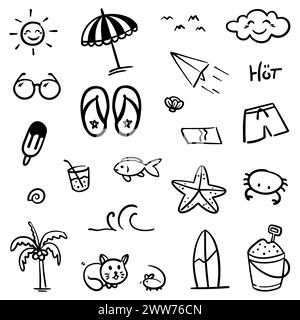 Hand drawn of summer themes. Thin black line abstract doodle beach vacation tools in multiple collection in vector illustration Stock Vector