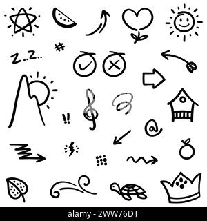 hand drawn Doodle abstract of Swash Black Thin Line Set Include of Heart, Stroke, Circle and Arrow Sign in Vector illustration Stock Vector