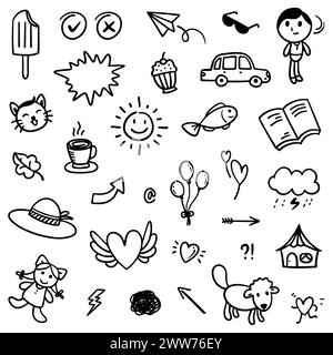 hand drawn Doodle abstract of Black Thin Line Set Include of objects and nature in Vector illustration Stock Vector