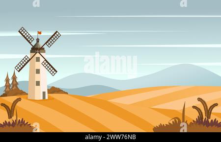 Rural summer landscape with windmill and wheat field. Vector illustration. Stock Vector