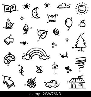 hand drawn Doodle abstract of Black Thin Line Set Include of objects and nature in Vector illustration Stock Vector