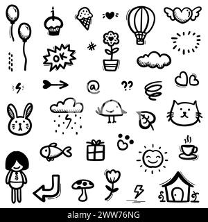 hand drawn Doodle abstract of Black Thin Line Set Include of objects and nature in Vector illustration Stock Vector