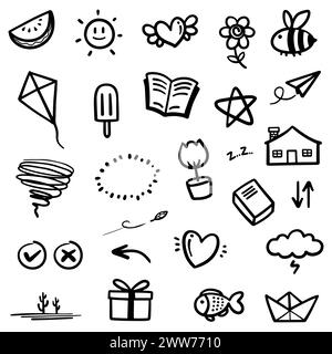 hand drawn Doodle abstract of Black Thin Line Set Include of objects and nature in Vector illustration Stock Vector