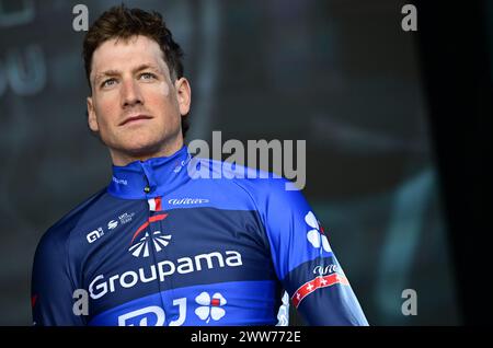 Harelbeke, Belgium. 22nd Mar, 2024. Swiss Stefan Kung of Groupama-FDJ pictured at the start of the 'E3 Saxo Bank Classic' one day cycling race, 207km from and to Harelbeke, Friday 22 March 2024. BELGA PHOTO DIRK WAEM Credit: Belga News Agency/Alamy Live News Stock Photo