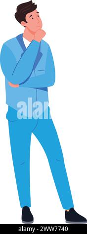 Thinking man in blue suit. Businessman color character isolated on white background Stock Vector