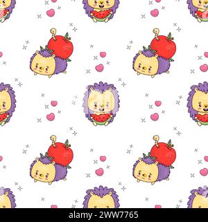 Seamless pattern with cute hedgehogs character with apple and piece of watermelon on white background. Vector illustration with funny cartoon kawaii a Stock Vector
