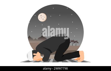 A Muslim man in prostration prayer position on prayer mat at night with a mosque in the desert in background . Vector illustration. Stock Vector