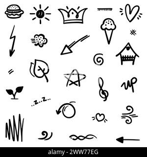 hand drawn Doodle abstract of Swash Black Thin Line Set Include of Heart, Stroke, Circle and Arrow Sign in Vector illustration Stock Vector