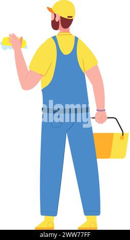 Service worker cleaning. Man in uniform hold water bucket and sponge isolated on white background Stock Vector