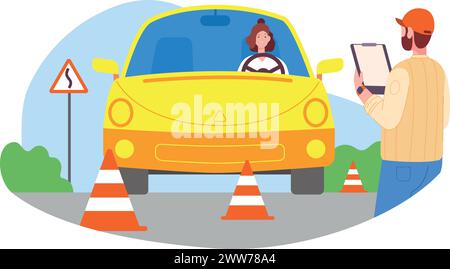 Drive exam illustration. Student riding car on parking road isolated on white background Stock Vector