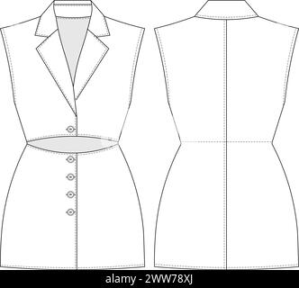 sleeveless collared v neck buttoned with low-cut mini short shirt jacket dress template technical drawing flat sketch cad mockup fashion woman design Stock Vector