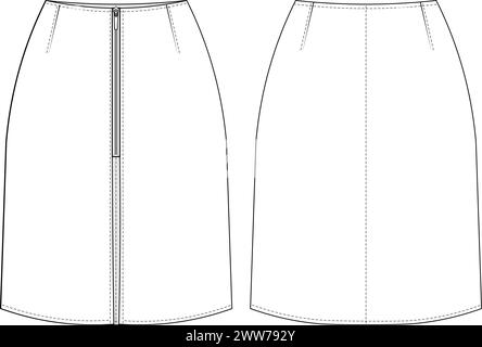 zippered with slits darted a line short skirt template technical drawing flat sketch cad mockup fashion woman design style model Stock Vector