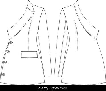 collared one sleeve long sleeve asymmetric neck buttoned darted mini jacket a line short dress template technical drawing flat sketch cad mockup fashi Stock Vector
