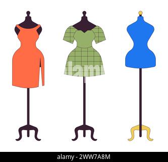 Sewing mannequin with clothes 2D linear cartoon objects set Stock Vector