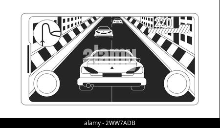 Mobile car racing game black and white 2D line cartoon object Stock Vector