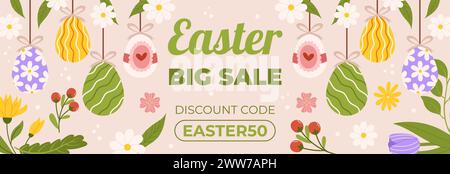 Easter sale horizontal banner template for promotion. Design with painted eggs hanging by a string, flowers and leaves. Spring seasonal advertising. H Stock Vector