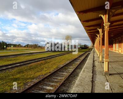 Old locomotives standing in abandoned railway station in Haapsalu, Estonia Stock Photo