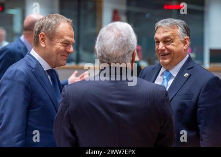 BRUSSELS - Prime Minister of Hungary Viktor Orban and Prime Minister of Poland Donald Tusk during the second day of the EU summit on foreign affairs such as the war in Ukraine and Gaza. ANP JONAS ROOSENS netherlands out - belgium out Stock Photo
