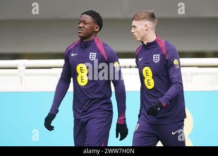 England's Kobbie Mainoo (left) and Cole Palmer during a training session at St. George's Park, Burton upon Trent. Picture date: Friday March 22, 2024. Stock Photo