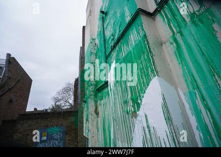 London, UK  22 March March 2024 . The new Banksy tree mural is fenced off after being vandalised with white paint. The mural has become a tourist attraction with people stopping to take pictures. Credit: amer ghazzal/Alamy Live News Stock Photo