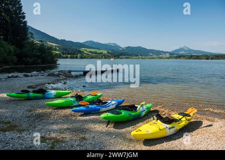 Kayaks, Lake Ammer, near Herrsching am Lake Ammer, Fuenfseenland, Upper Bavaria, Bavaria, Germany Stock Photo