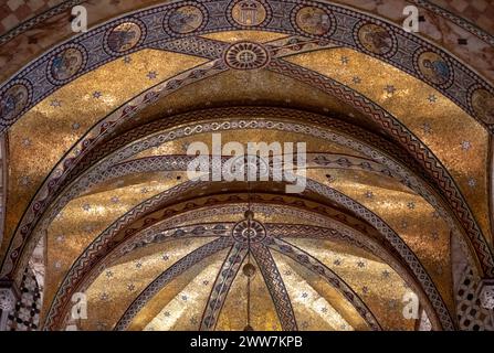 Close up of the highly decorated, restored interior of Fitzrovia Chapel at Pearson Square in London W1, formerly part of  Middlesex Hospital. Stock Photo