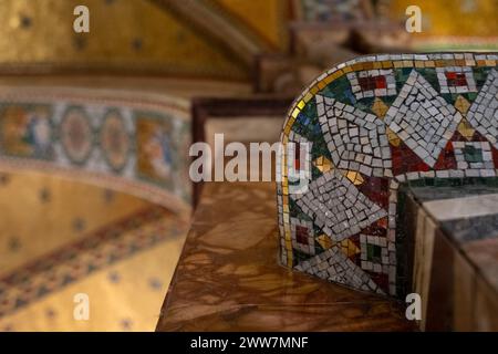 Close up of the highly decorated, restored interior of Fitzrovia Chapel at Pearson Square in London W1, formerly part of  Middlesex Hospital. Stock Photo