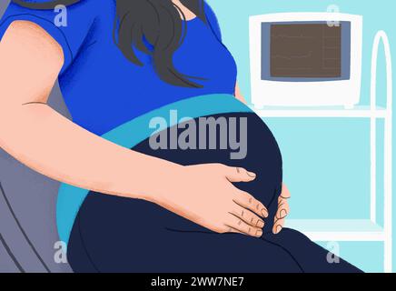 Close up pregnant woman holding baby bump in clinic exam room Stock Photo