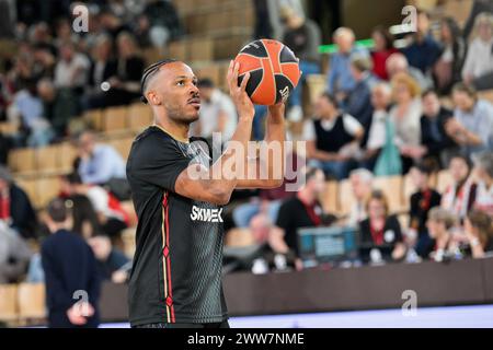 Monaco, Monaco. 20th Mar, 2024. Monaco player #4 Jaron Blossomgame seen in action during the Turkish Airlines EuroLeague match between Monaco and Milan at Salle Gaston Medecin. Final score; Monaco 80:98 Milan. (Photo by Laurent Coust/SOPA Images/Sipa USA) Credit: Sipa USA/Alamy Live News Stock Photo