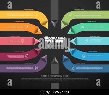 Dark multipurpose Infographic template made from title in big circle and ten color pyramid arrow items in long stripes with icons titles and descripti Stock Vector